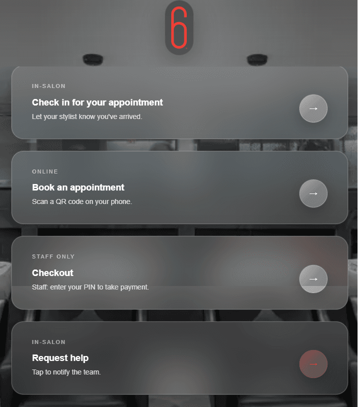 Kiosk home: check in, book, checkout, request help