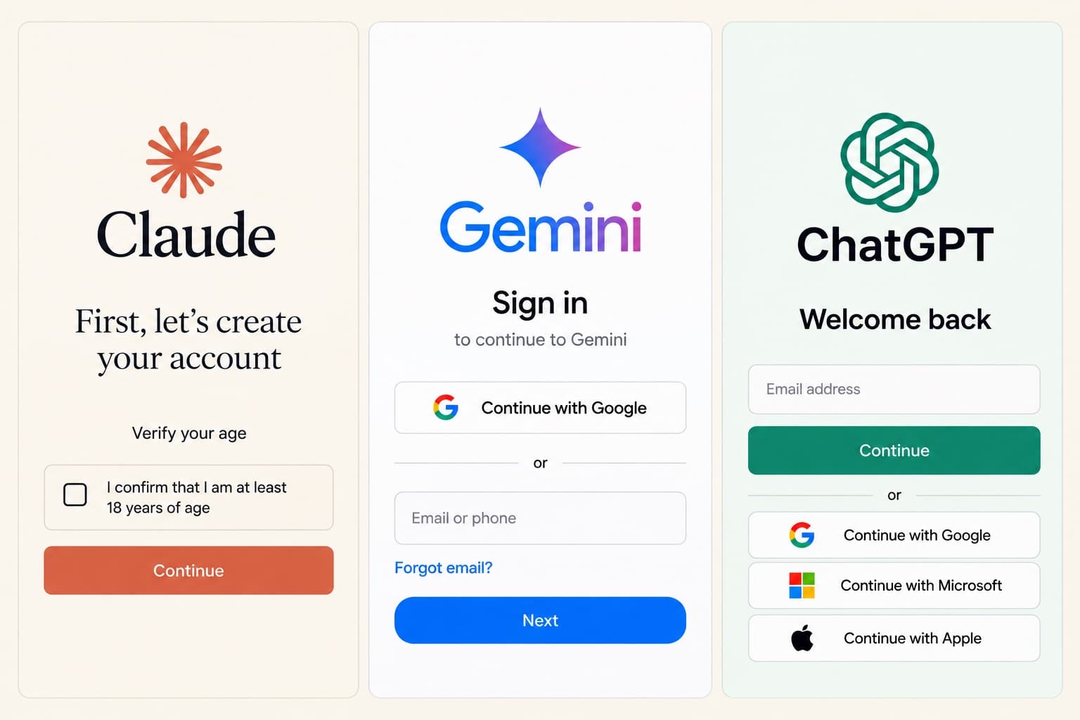Stylized sign-up screens for Claude, Gemini, and ChatGPT