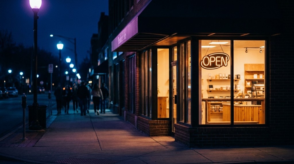 A brightly lit corner storefront with an OPEN neon sign at night, while pedestrians walk past on the sidewalk outside.
