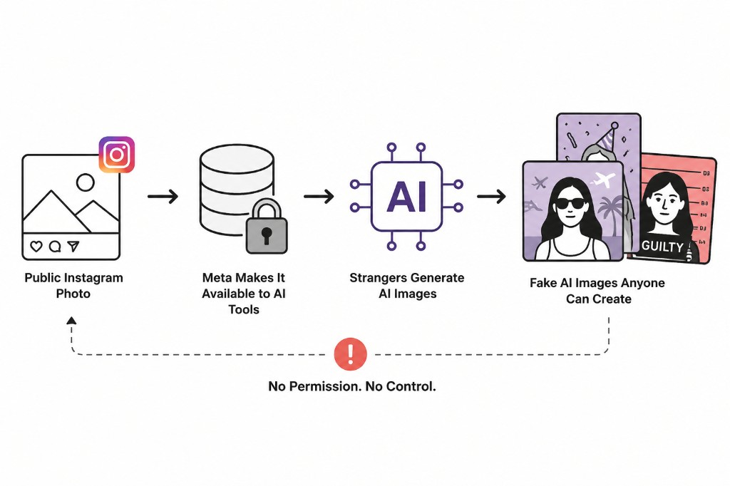 Diagram showing how a public Instagram photo can be made available to AI tools, used by strangers to generate fake images, with no permission and no control for the person pictured.
