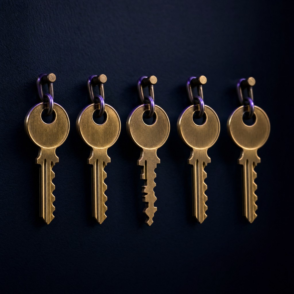 Five brass keys hanging on a dark wall — four look normal, the middle one is glitched and misshapen, a metaphor for AI producing confident answers that are structurally wrong.